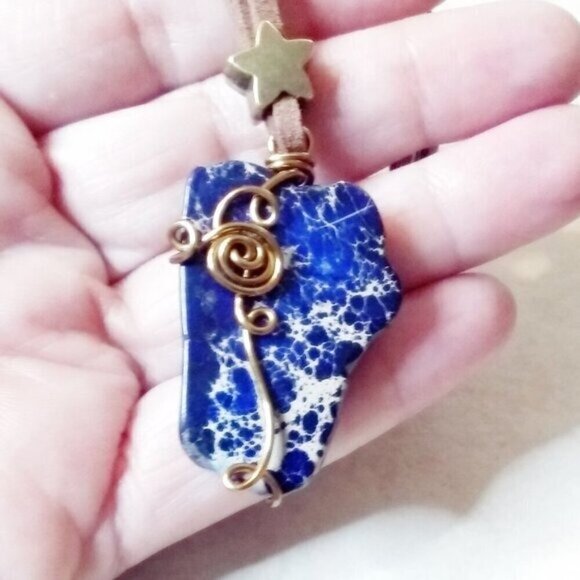 Wire Wrapped Dark Blue Sea Sediment Jasper Pendant! Faux Suede Cord + Star ~ 19" - Picture 6 of 10